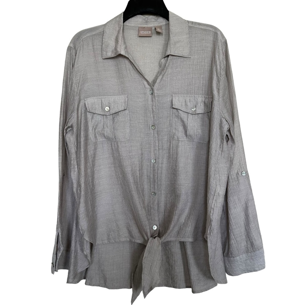Chico’s Women’s Sz 2(L) Brown White Striped Blouse Tie Front